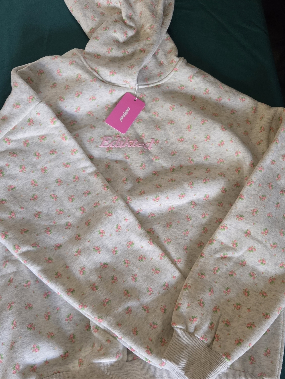 Edikted Cream Hoodie Sweater with Pink Floral Print